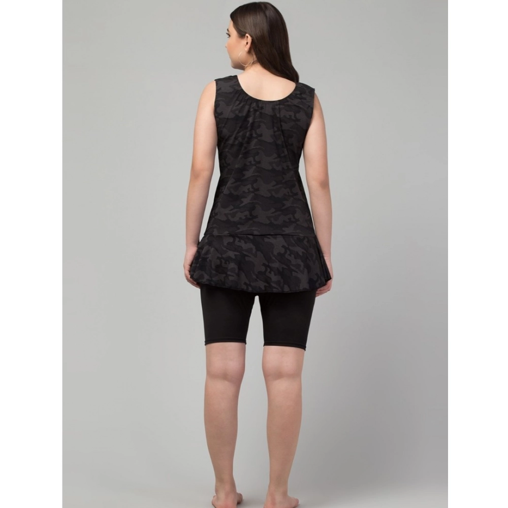 Women's Polyester Spandex Printed Slip On Round Neck Swimsuit Set (Black) - Image 5