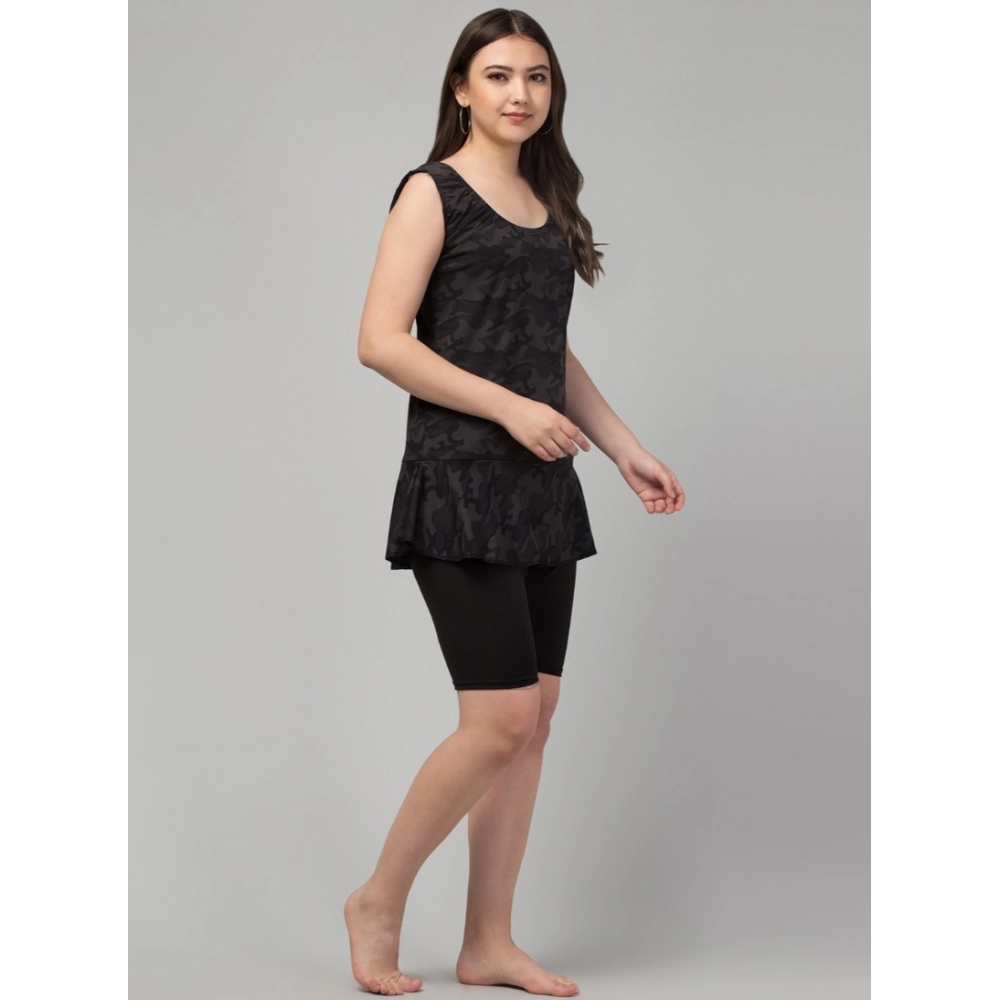 Women's Polyester Spandex Printed Slip On Round Neck Swimsuit Set (Black) - Image 3