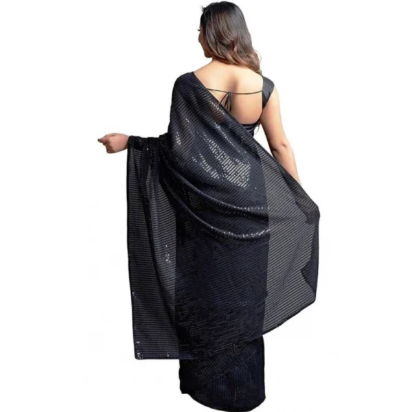 Women's Georgette Embellished Sequnece Bollywood Saree With Unstitched Blouse 5.5Mtr (Black) - Image 2
