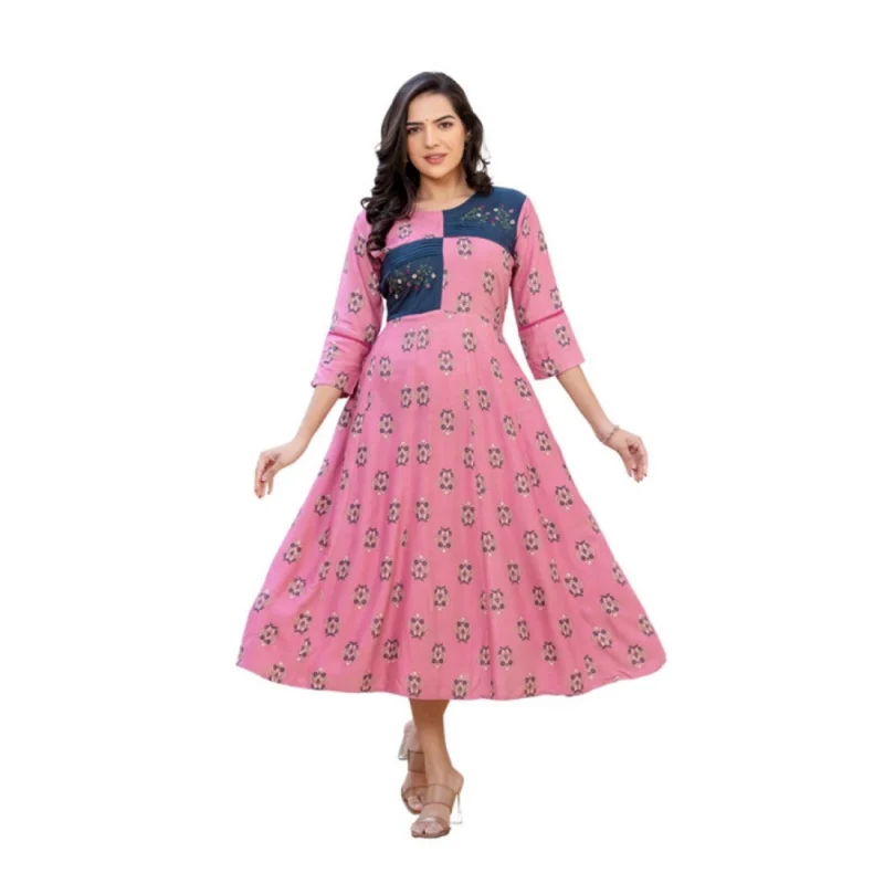 Women's Rayon  Print With Embroidery Work A-Line Kurti (Wine)