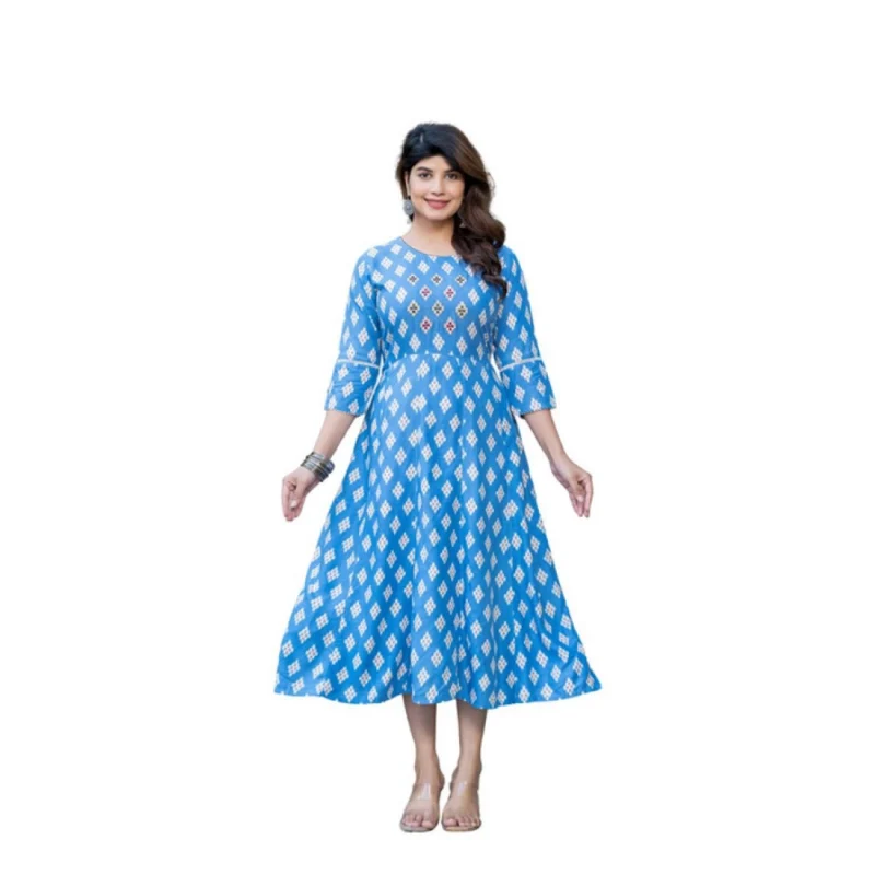 Women's Rayon Print With Embroidery Work A-Line Kurti (Sky Blue)