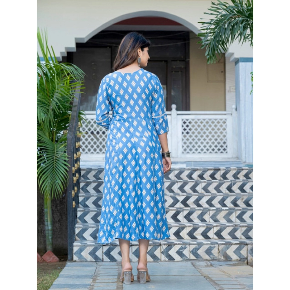 Women's Rayon Print With Embroidery Work A-Line Kurti (Sky Blue) - Image 4