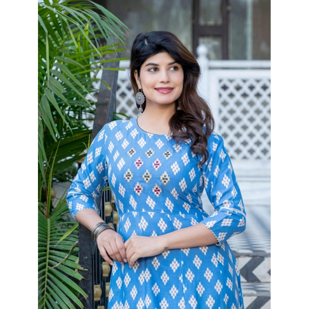 Women's Rayon Print With Embroidery Work A-Line Kurti (Sky Blue) - Image 3