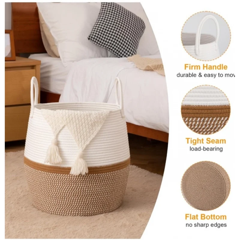 Alternative view of Cotton Matka With Handle 14x12 Inch Storage Basket For Clothes (Beige White)