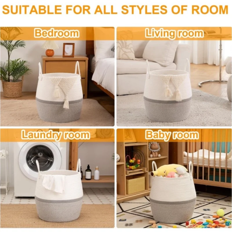 Alternative view of Cotton Matka With Handle 14x12 Inch Storage Basket For Clothes (Gray White)