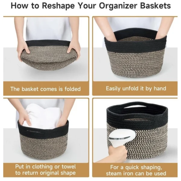 Cotton 9x7 Inch Pack of 3 Storage Basket For Clothes (Black-Beige) - Image 4