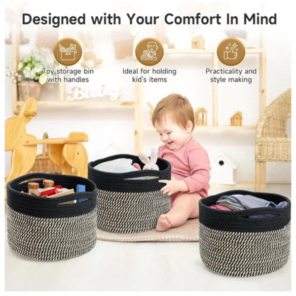 Cotton 9x7 Inch Pack of 3 Storage Basket For Clothes (Black-Beige) - Image 3