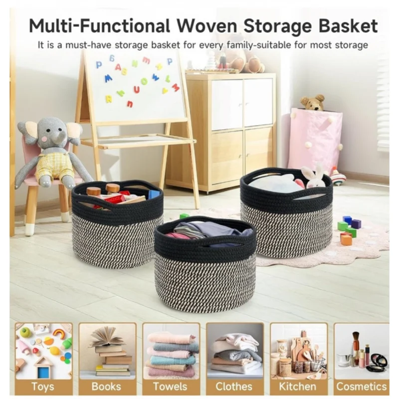 Alternative view of Cotton 9x7 Inch Pack of 3 Storage Basket For Clothes (Black-Beige)