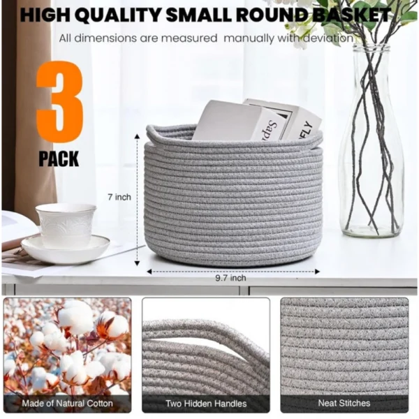 Cotton 9x7 Inch Pack of 3 Storage Basket For Clothes (Gray) - Image 3