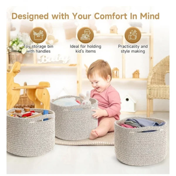 Cotton Kidi 9x7 Inch Pack of 3 Storage Basket For Clothes (Light Brown) - Image 3