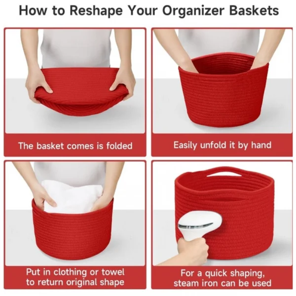Cotton 9x7 Inch Pack of 3 Storage Basket For Clothes (Red) - Image 4
