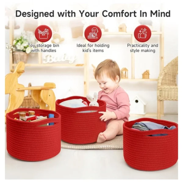 Cotton 9x7 Inch Pack of 3 Storage Basket For Clothes (Red) - Image 3