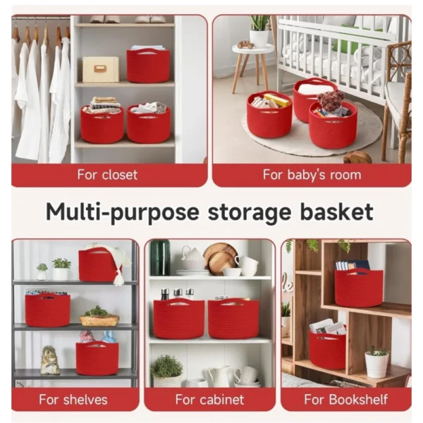 Cotton 9x7 Inch Pack of 3 Storage Basket For Clothes (Red) - Image 2