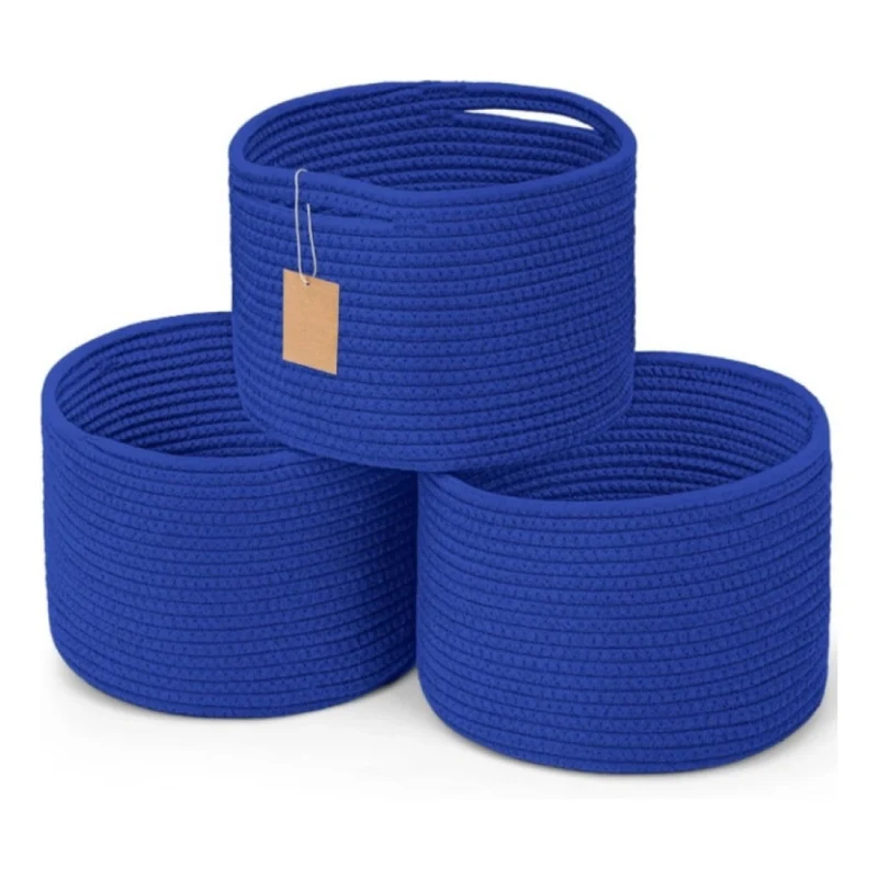 Cotton 9x7 Inch Pack of 3 Storage Basket For Clothes (Royal Blue)