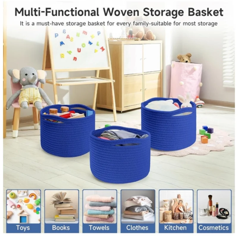 Alternative view of Cotton 9x7 Inch Pack of 3 Storage Basket For Clothes (Royal Blue)