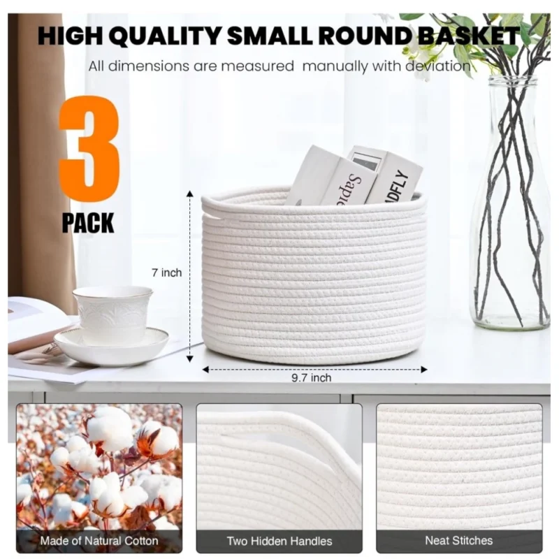Alternative view of Cotton 9x7 Inch Pack of 3 Storage Basket For Clothes (White)