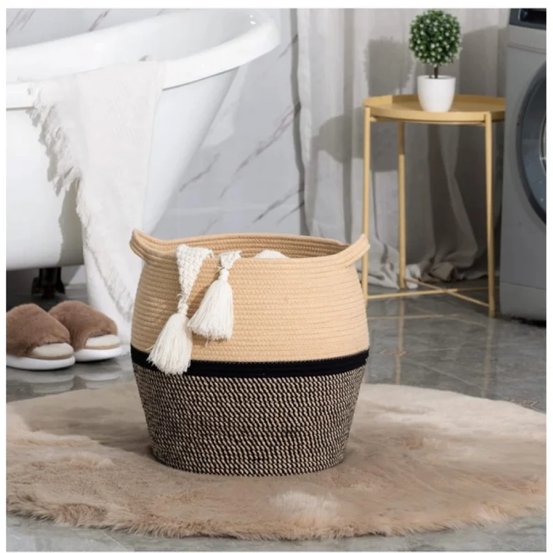 Alternative view of Cotton Matka 14x12 Inch Storage Basket For Clothes (Beige Black)