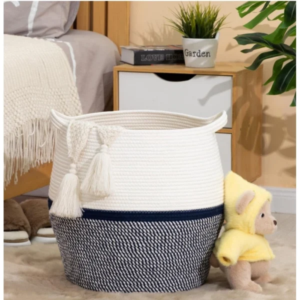 Cotton Matka 14x12 Inch Storage Basket For Clothes (Gray White) - Image 2