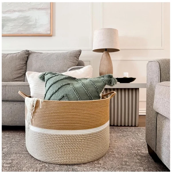 Cotton Dori 16x14 Inch Storage Basket For Clothes (Beige-Beige White) - Image 3