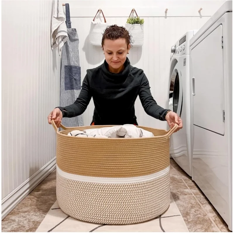 Alternative view of Cotton Dori 16x14 Inch Storage Basket For Clothes (Beige-Beige White)