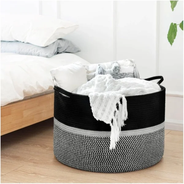 Cotton Dori 16x14 Inch Storage Basket For Clothes (Black-Black White) - Image 4