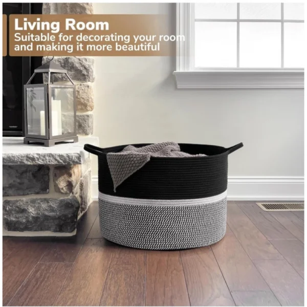 Cotton Dori 16x14 Inch Storage Basket For Clothes (Black-Black White) - Image 3