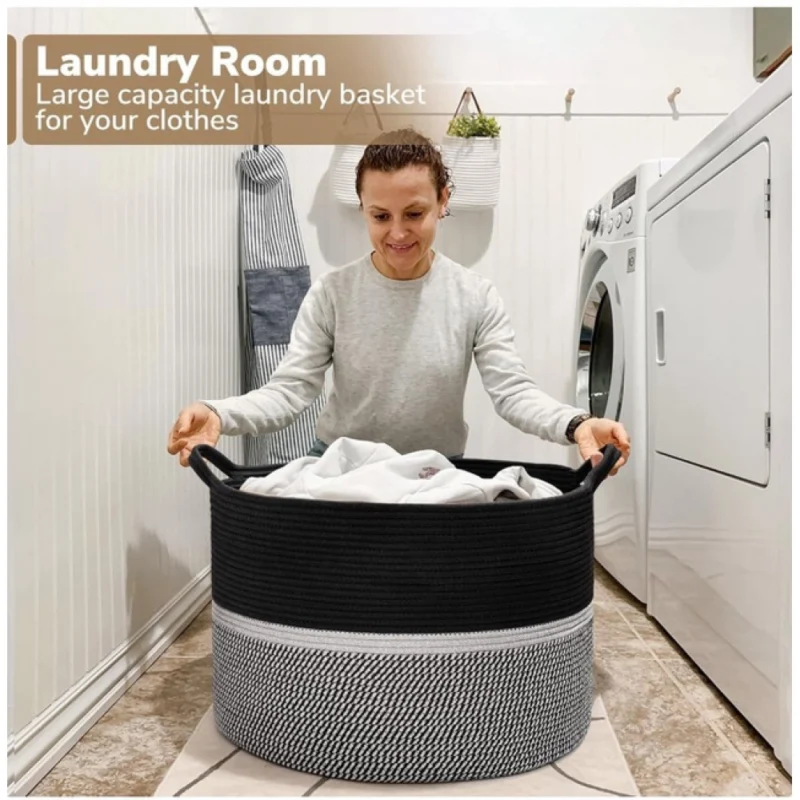 Alternative view of Cotton Dori 16x14 Inch Storage Basket For Clothes (Black-Black White)