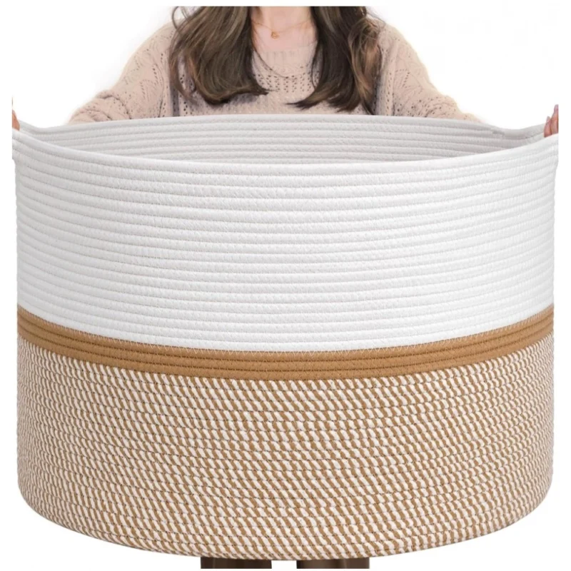 Cotton Dori 16x14 Inch Storage Basket For Clothes (White-Beige White)