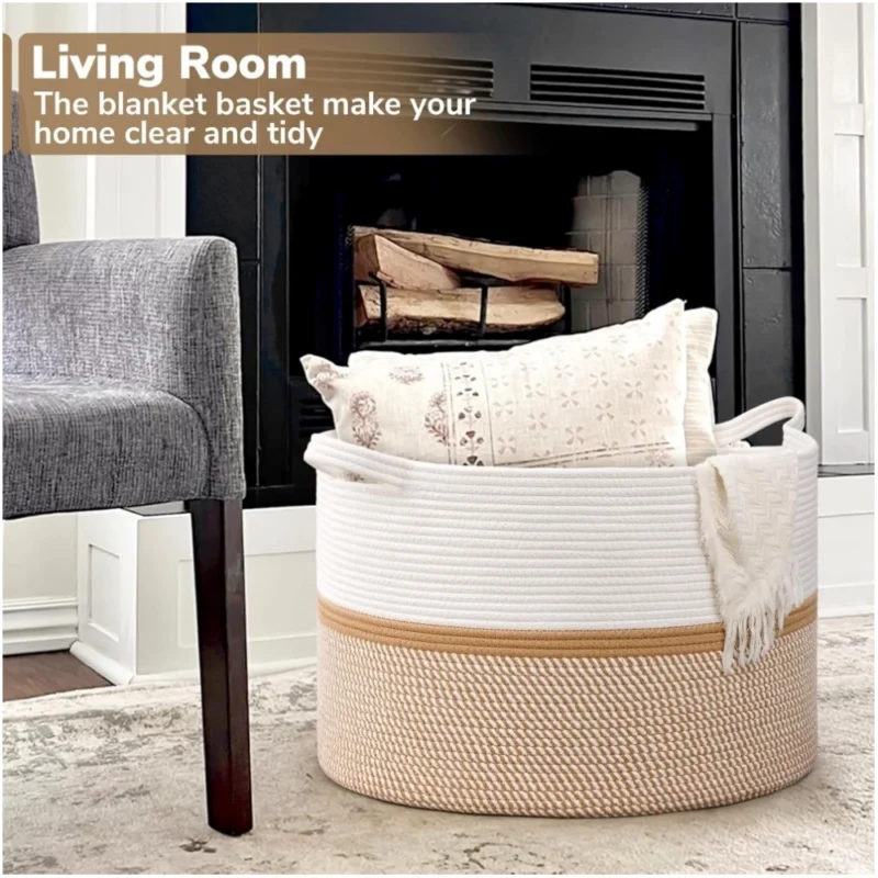 Alternative view of Cotton Dori 16x14 Inch Storage Basket For Clothes (White-Beige White)