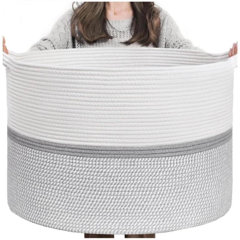 Cotton Dori 16x14 Inch Storage Basket For Clothes (White-Gray White)