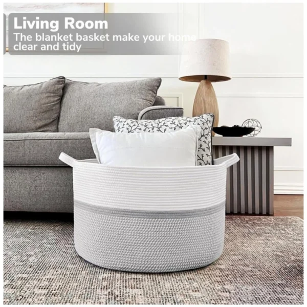 Cotton Dori 16x14 Inch Storage Basket For Clothes (White-Gray White) - Image 3