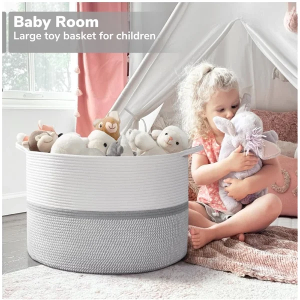 Cotton Dori 16x14 Inch Storage Basket For Clothes (White-Gray White) - Image 2