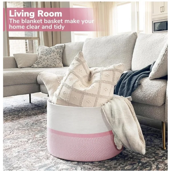 Cotton Dori 16x14 Inch Storage Basket For Clothes (White-Pink White) - Image 4
