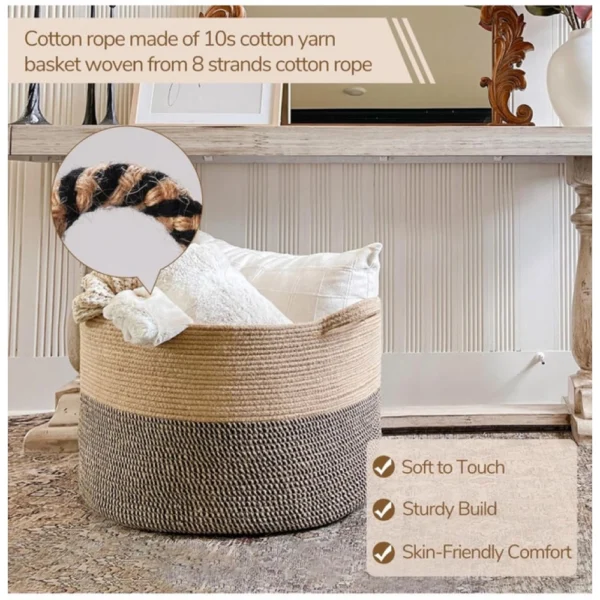 Cotton 16x14 Inch Pack of 1 Storage Basket For Clothes (Beige- Beige Black) - Image 4