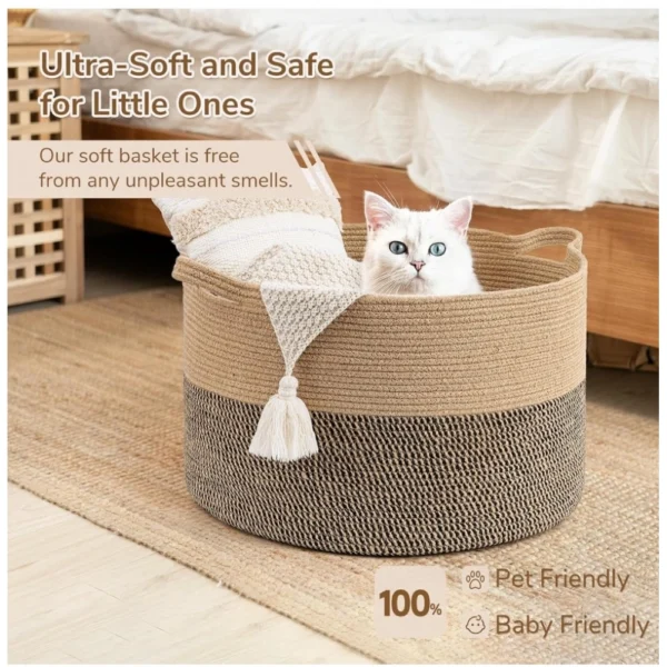 Cotton 16x14 Inch Pack of 1 Storage Basket For Clothes (Beige- Beige Black) - Image 3