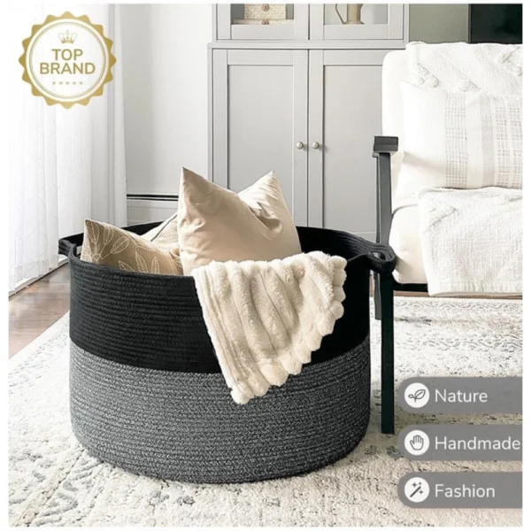 Cotton 16x14 Inch Pack of 1 Storage Basket For Clothes (Black) - Image 3