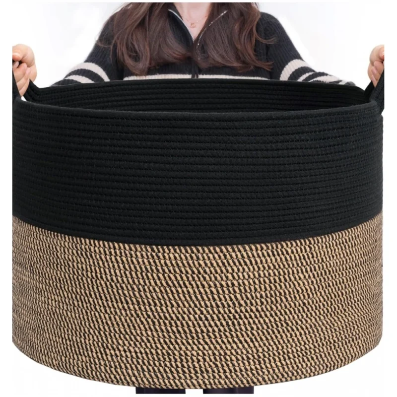 Cotton 16x14 Inch Pack of 1 Storage Basket For Clothes (Black- Beige Black)