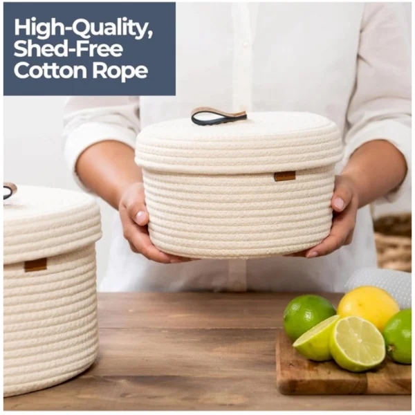 Cotton 2 Pcs Set Roti Box Storage Basket With Lid (White) - Image 3