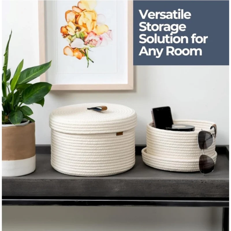 Alternative view of Cotton 2 Pcs Set Roti Box Storage Basket With Lid (White)