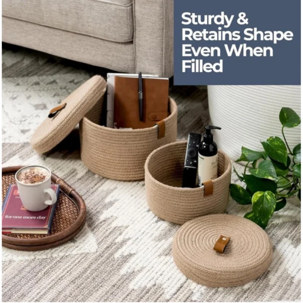 Cotton 3 Pcs Set Roti Box Storage Basket With Lid (Beige) - Image 3