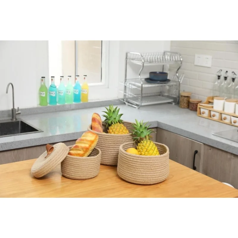 Alternative view of Cotton 3 Pcs Set Roti Box Storage Basket With Lid (Beige)