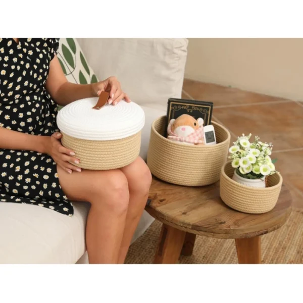Cotton 3 Pcs Set Roti Box Storage Basket With Lid (Beige) - Image 4
