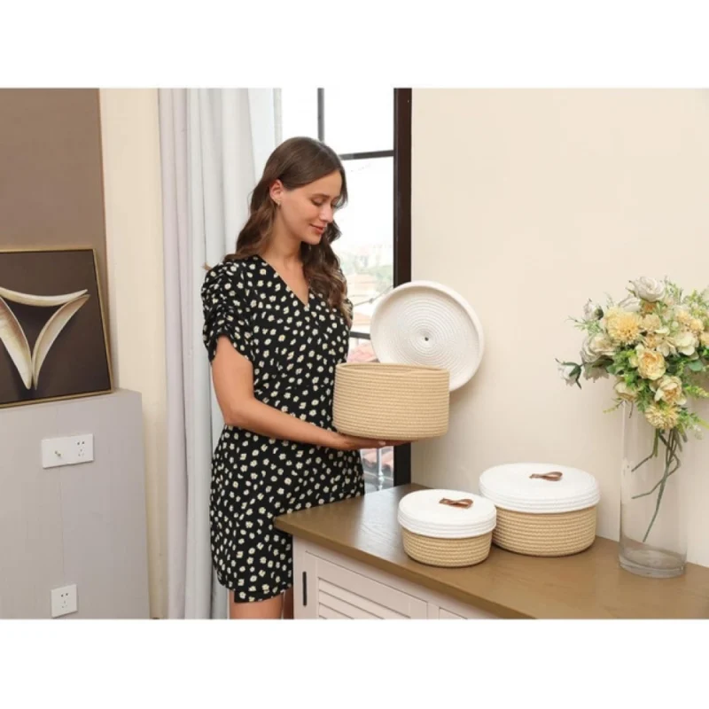 Alternative view of Cotton 3 Pcs Set Roti Box Storage Basket With Lid (Beige)