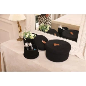 Alternative view of Cotton 3 Pcs Set Roti Box Storage Basket With Lid (Black)