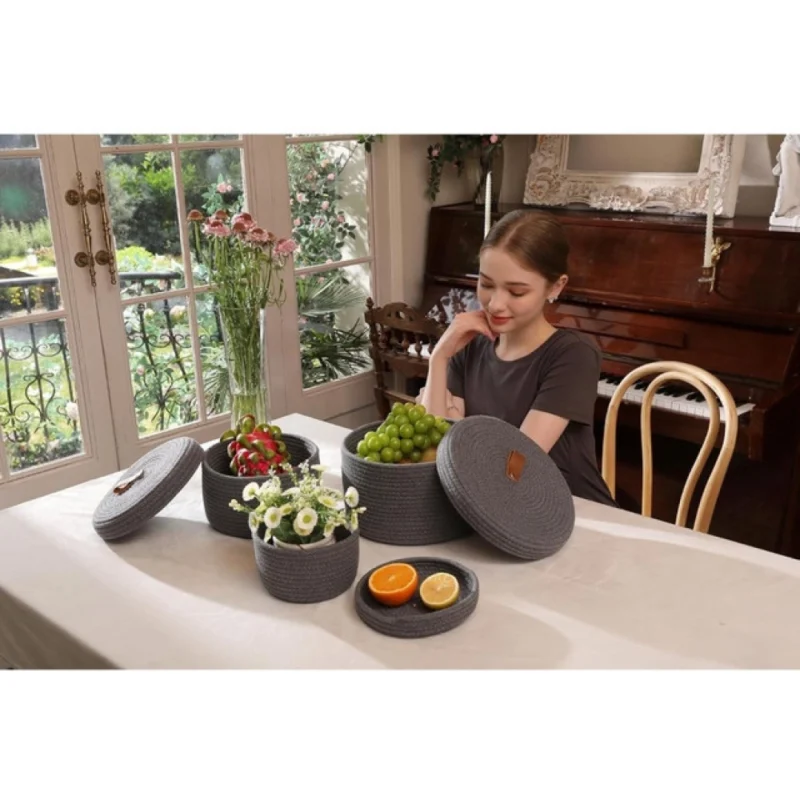 Alternative view of Cotton 3 Pcs Set Roti Box Storage Basket With Lid (Gray)