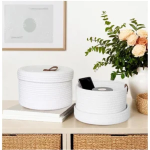 Alternative view of Cotton 3 Pcs Set Roti Box Storage Basket With Lid (White)