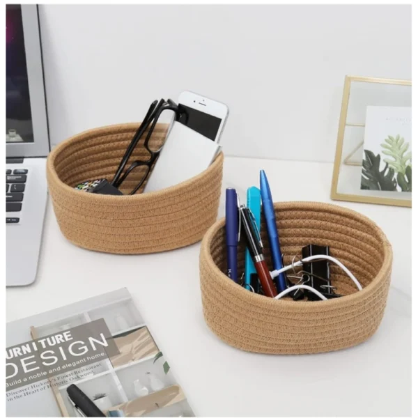 Cotton 8x3 Inch Round 2 Set Bedside Organizer (Beige) - Image 3