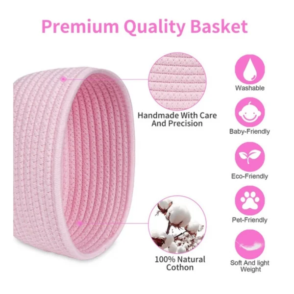 Cotton 8x3 Inch Round 2 Set Bedside Organizer (Pink) - Image 3