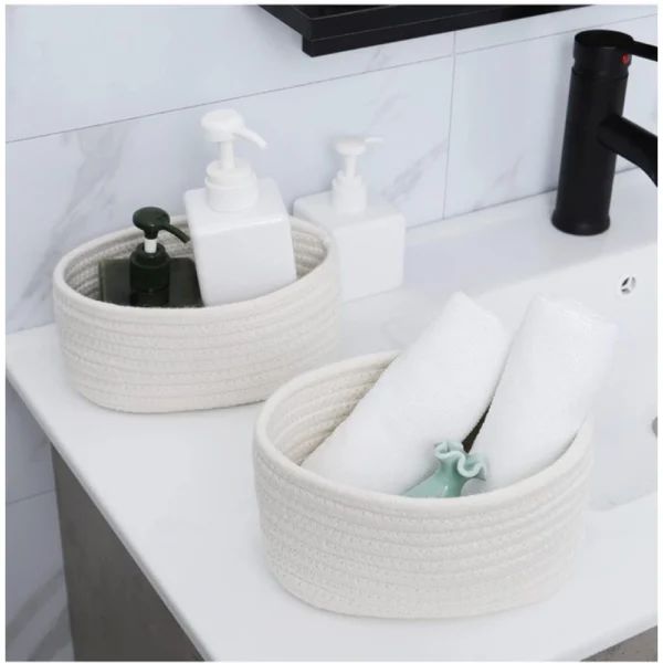 Cotton 8x3 Inch Round 2 Set Bedside Organizer (White) - Image 3
