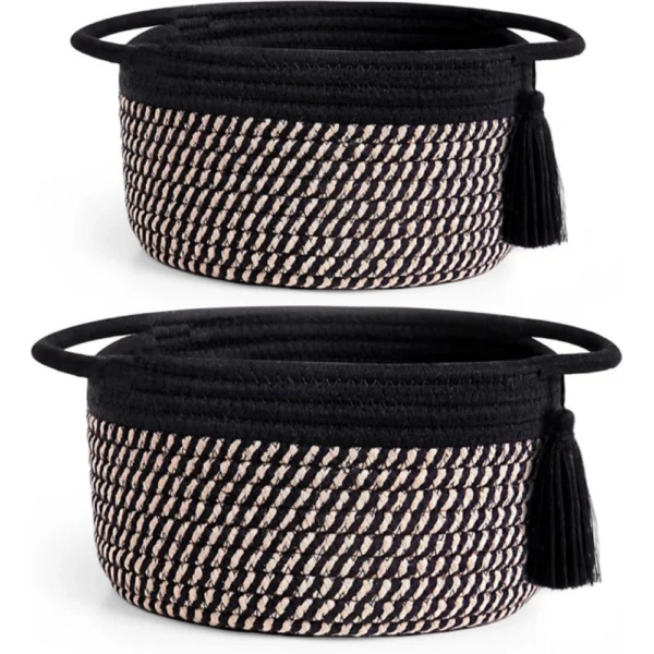 Cotton 8x4 Inch Round 2 Set With Jhalar Bedside Organizer (Black Beige) - Image 4
